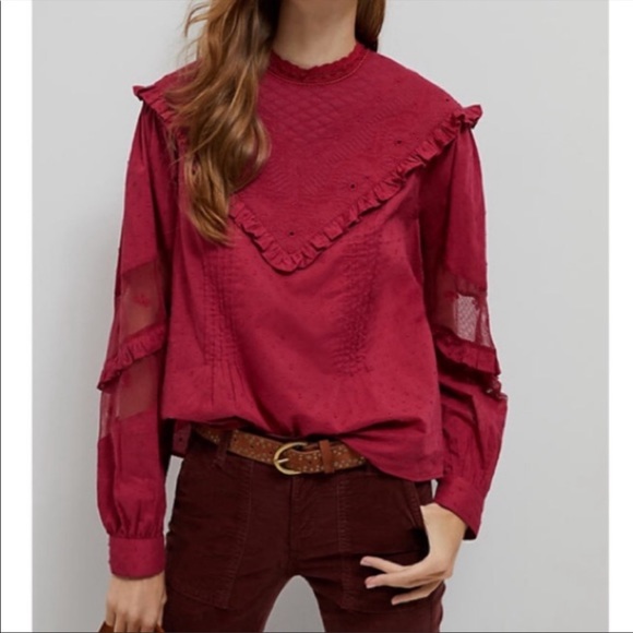 ANTHROPOLOGIE NWT Forever That Girl Burgundy Quilted Ruffle Frill Eyelet Blouse - Picture 3 of 11